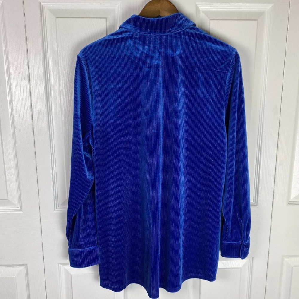 Royal Blue Velvet Button-up Blouse | Large | Soft Surroundings | Silver Stripes - Picture 2 of 16